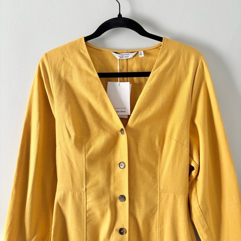 & Other Stories NWT Tailored Puff Sleeve Mini Dress V-Neck Structured Yellow - Picture 3 of 6